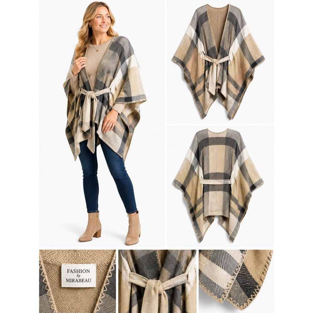 Fashion by Mirabeau Poncho OS Plaid Belted Wrap Outerwear Cozy Layering, Fall